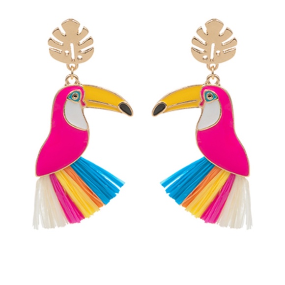 Toucan Bird Raffia Tassel Earrings - Picture 1 of 1
